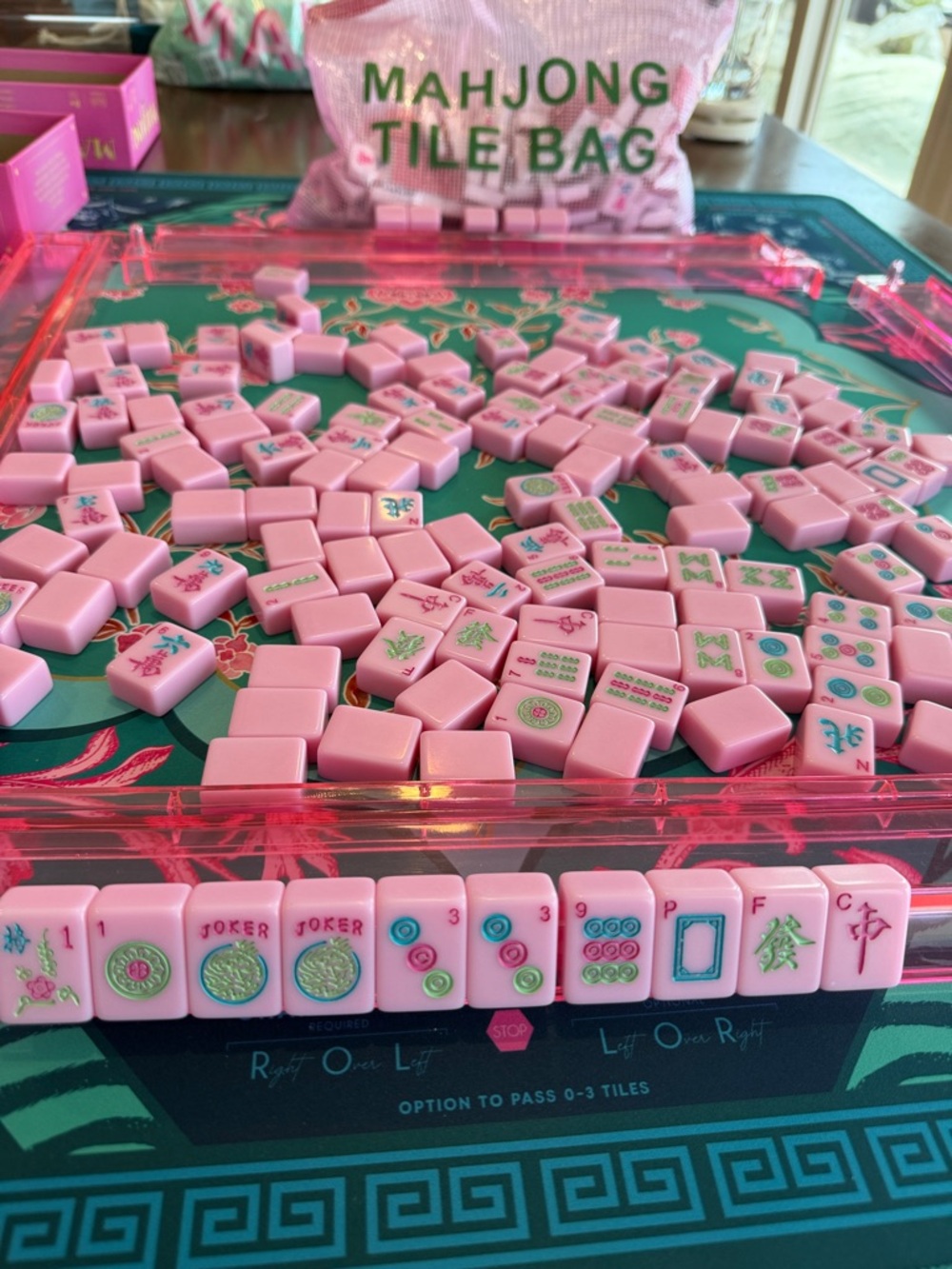 Pink bubblegum Mahjong Tiles and tile bag